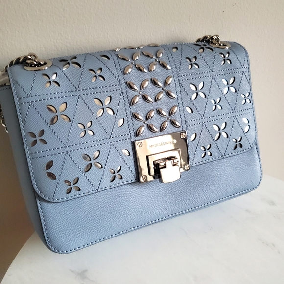 NEW • Michael Kors Tina Pale Blue💎 Chain Stud Perforated Floral Shoulder Bag - Picture 10 of 10